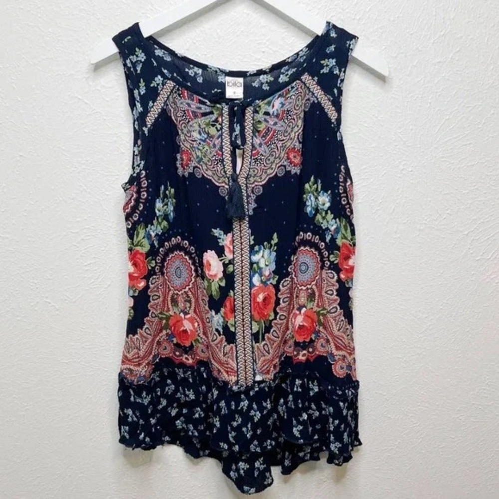 Bila Sz XL Paisley Tie Front Sleeveless Blouse Top Tassels Navy Blue Floral